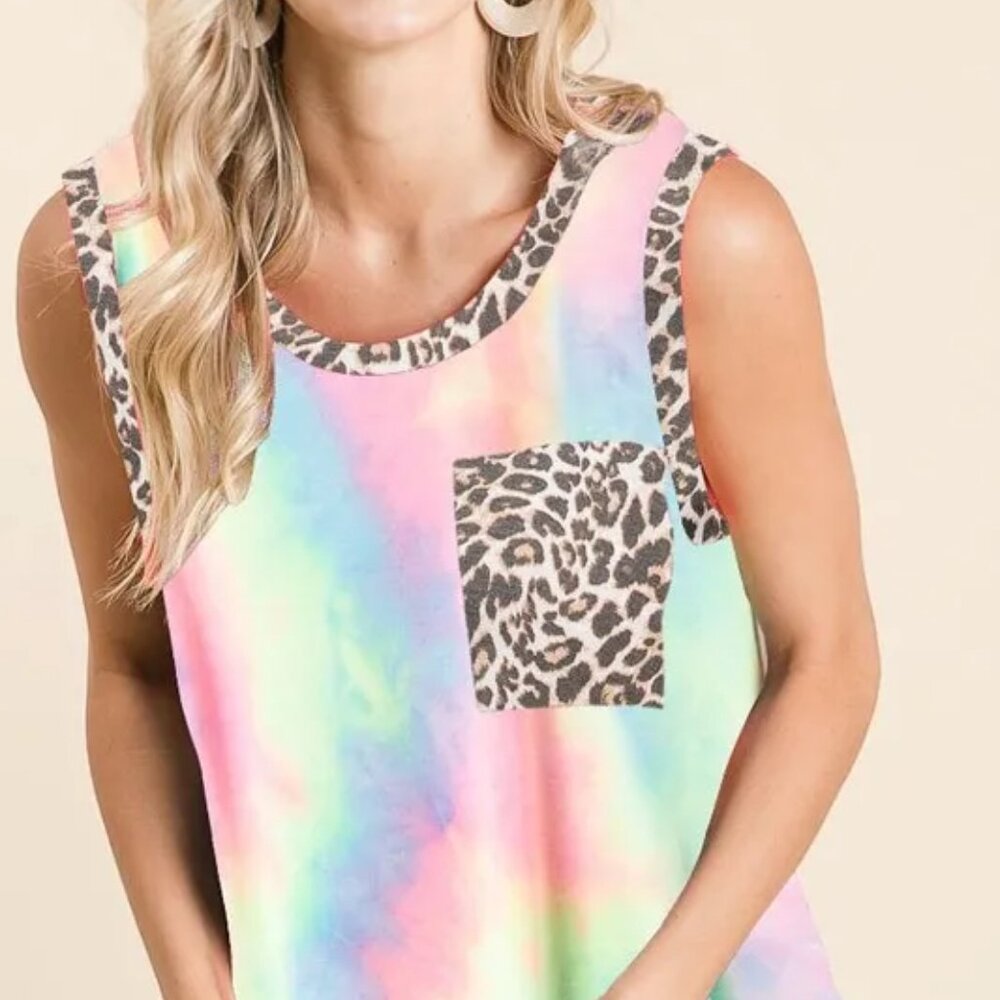 BiBi Sleeveless Tie Dye Top With Leopard Band - Picture 3 of 4
